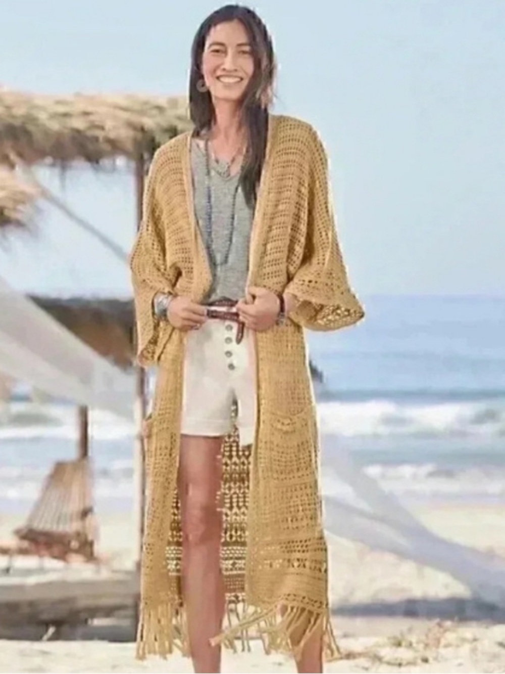 Sundance NWT Island Sands Crochet Knit Fringe Duster Cardigan S